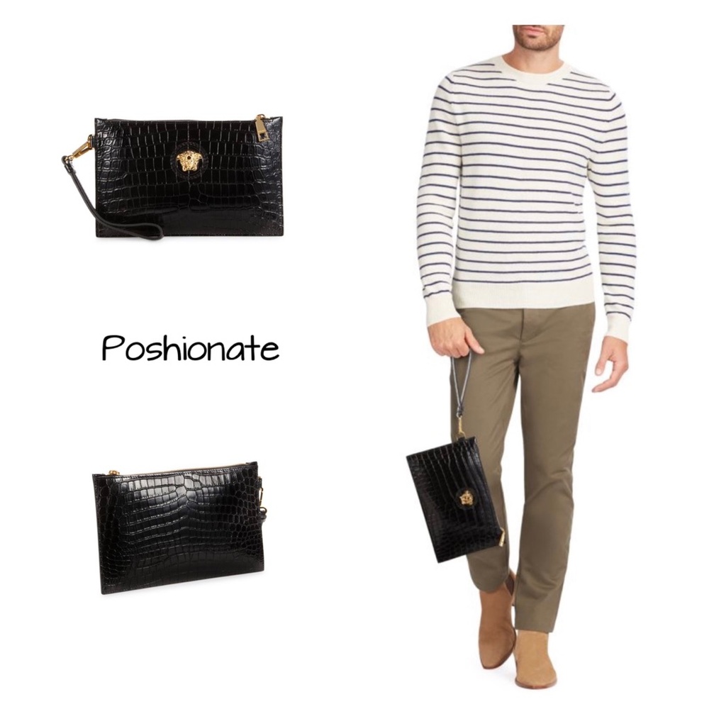 NWT! Versace Croc-Embossed Leather Medusa Wristlet